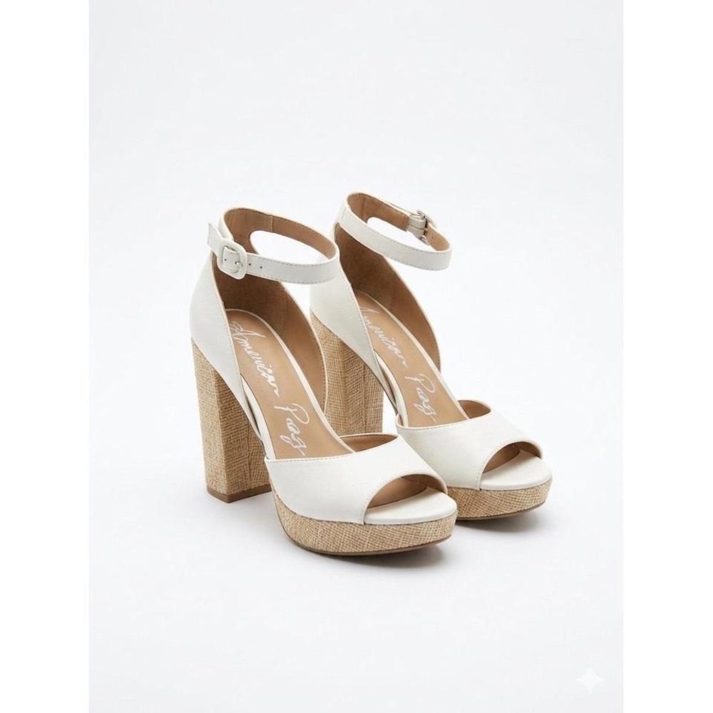 AMERICAN RAG 10 White Faux Leather Raffia Platform Block Heels Ankle Strap